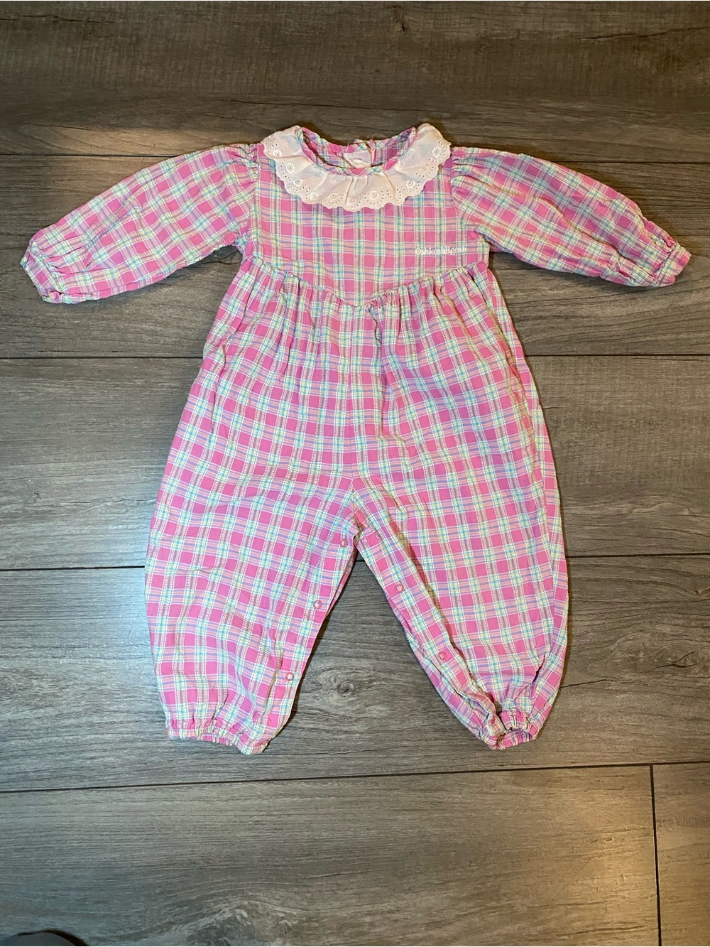EUC True Vintage OshKosh 1980s/90s 100% Cotton Pink Plaid Junpsuit Lace Collar